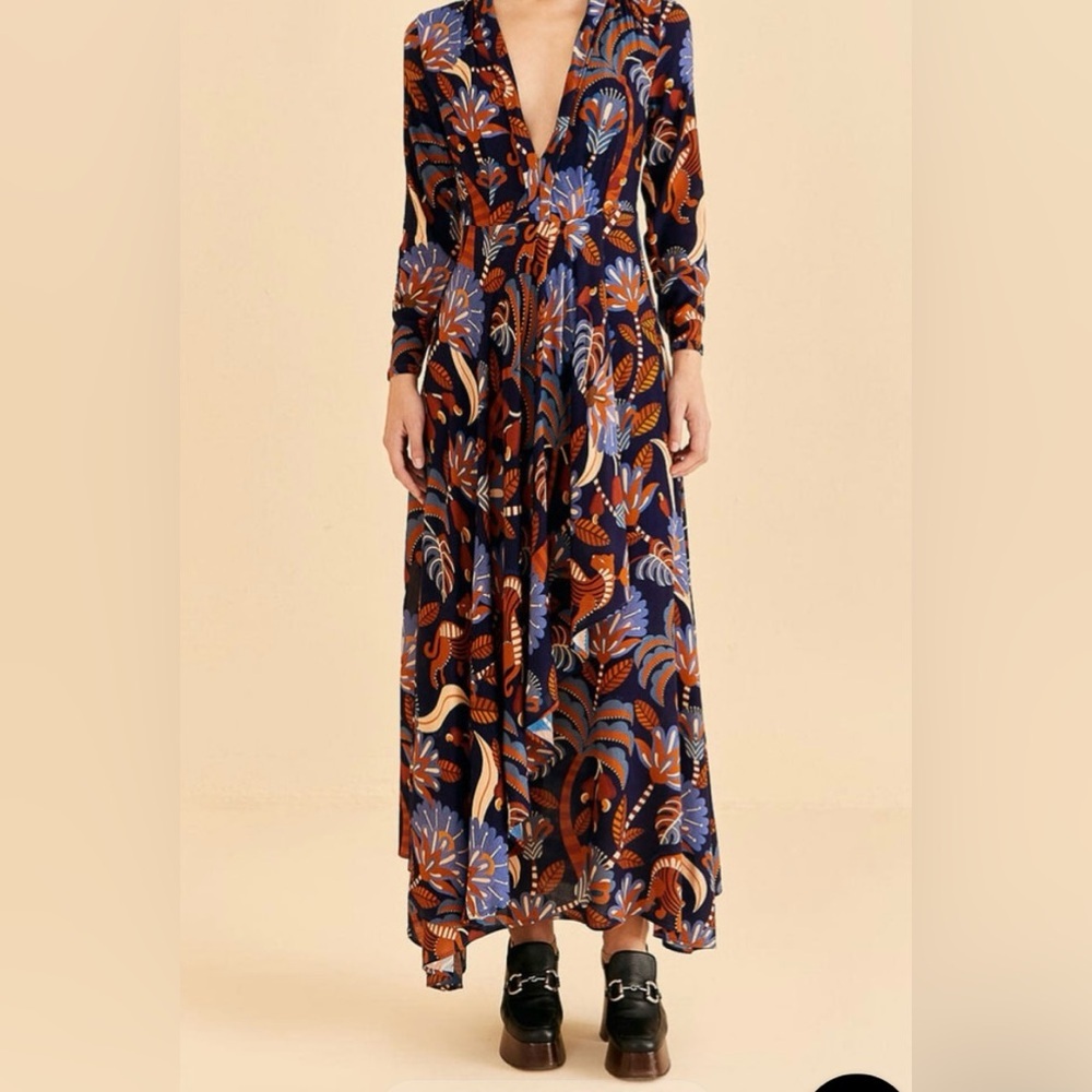 Farm Rio Blue Nature Beauty Long Sleeve Maxi Dress Sz XS Boho Tropical $220 MSRP
